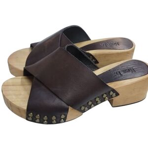 Lisa B. Criss Cross Leather Pine Heel Chunky Clogs Boho Sandals Spring size 5½-6